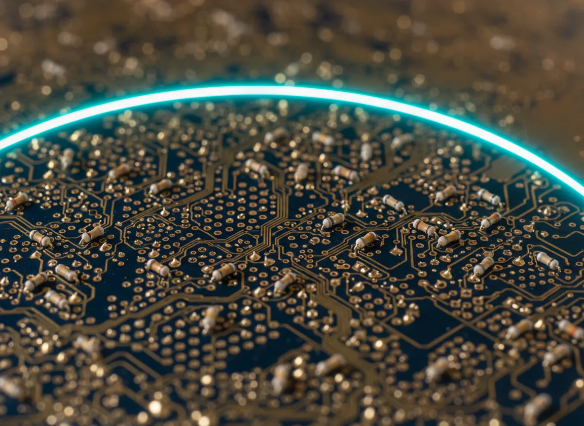 Macro of a circuit board with gold traces