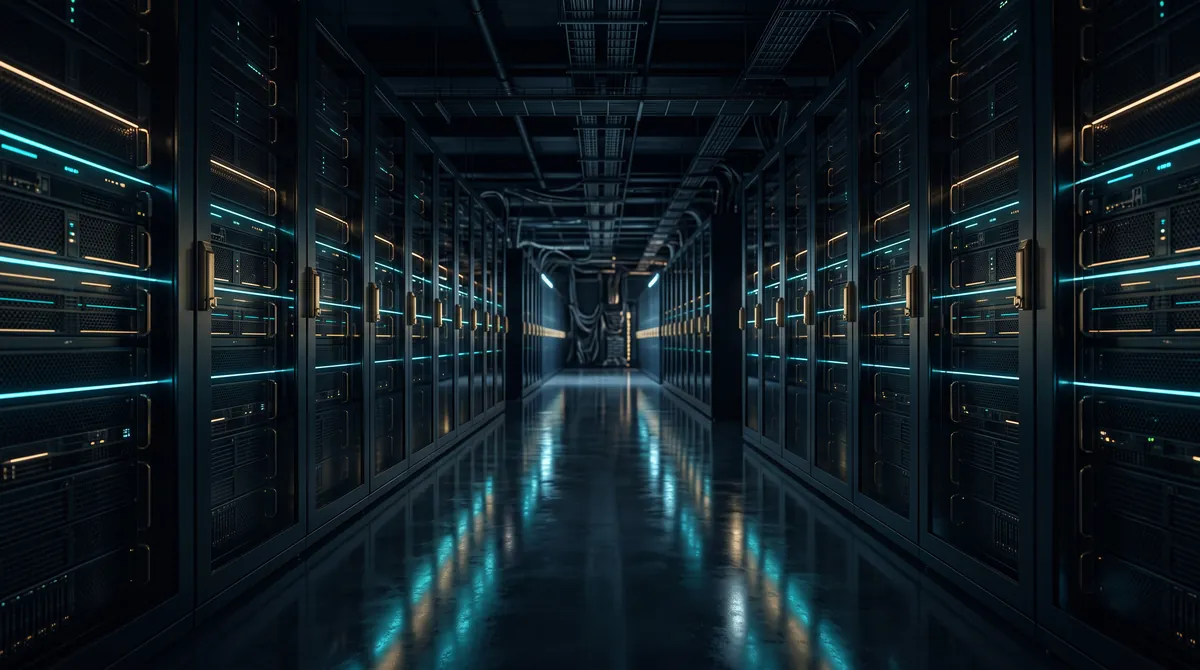 Data center aisle with cyan and brass status lights