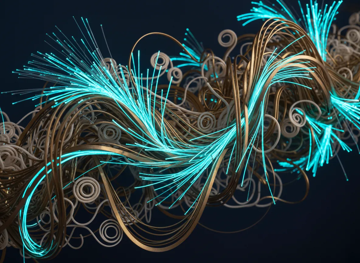 Fiber optic strands glowing cyan and brass