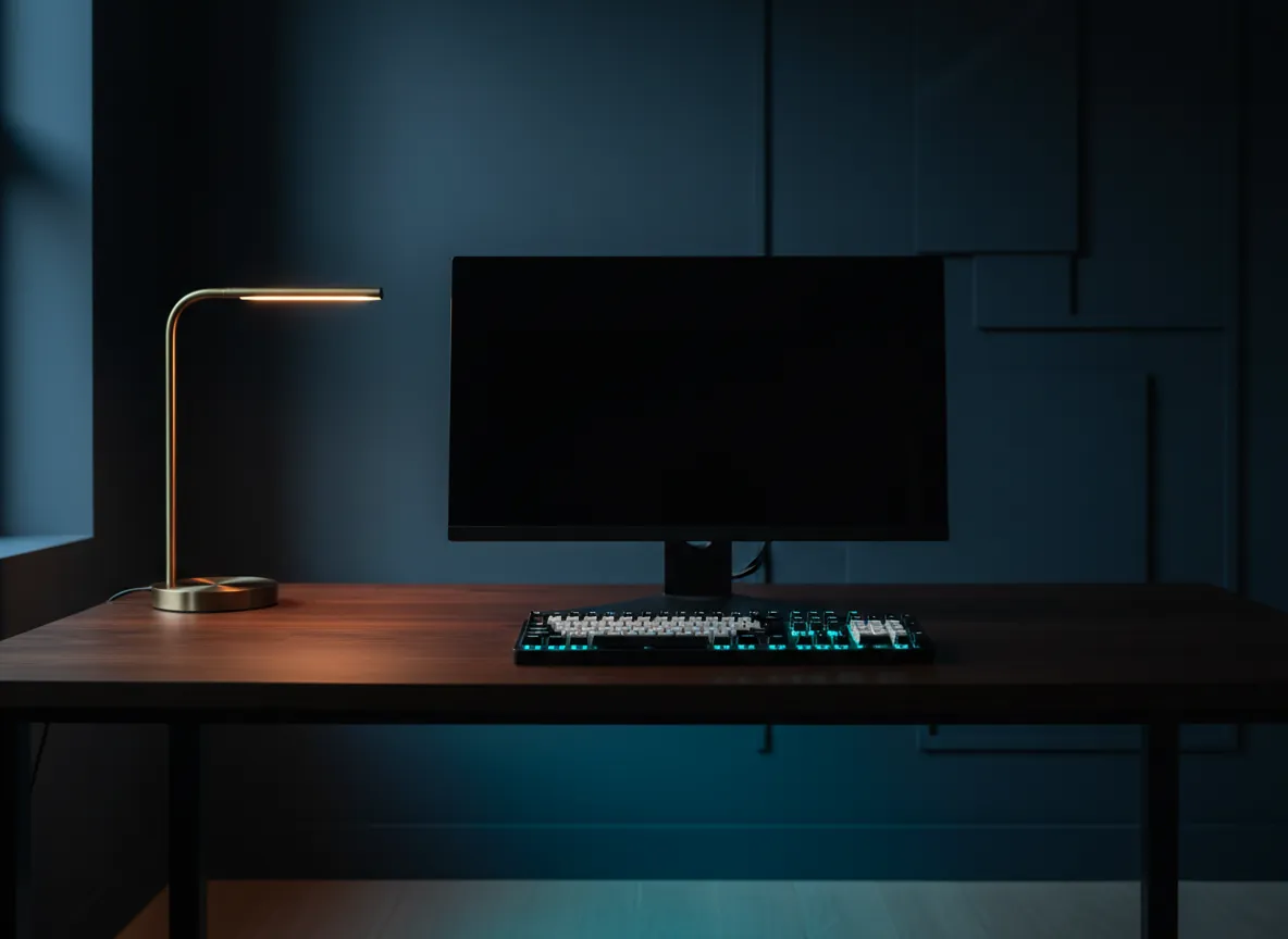 Night workspace with a dark monitor and brass lamp