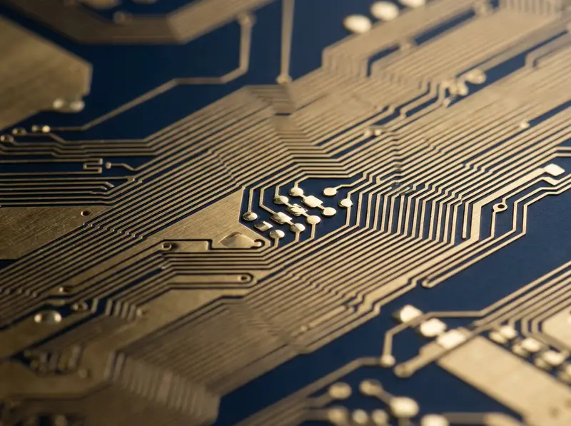 Engraved brass circuit traces on navy metal, abstract art for Andrew Hillman's site
