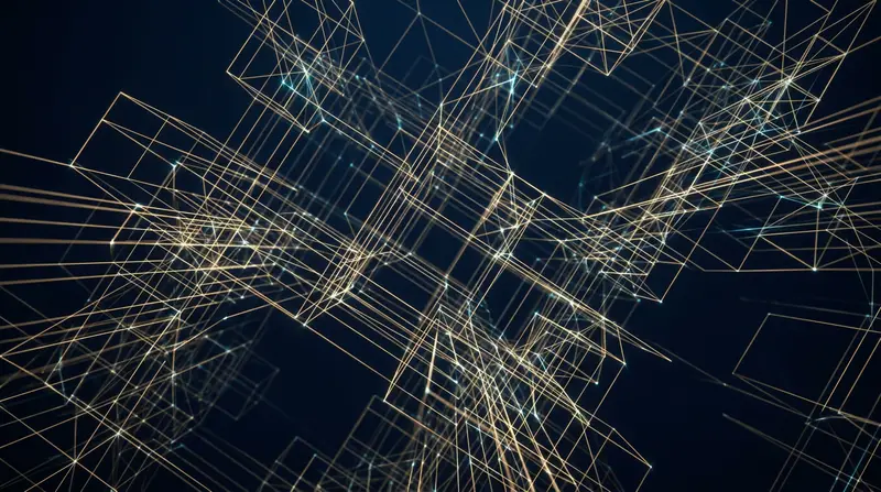 Brass light lattice in a navy void, abstract network art for Andrew Hillman's site